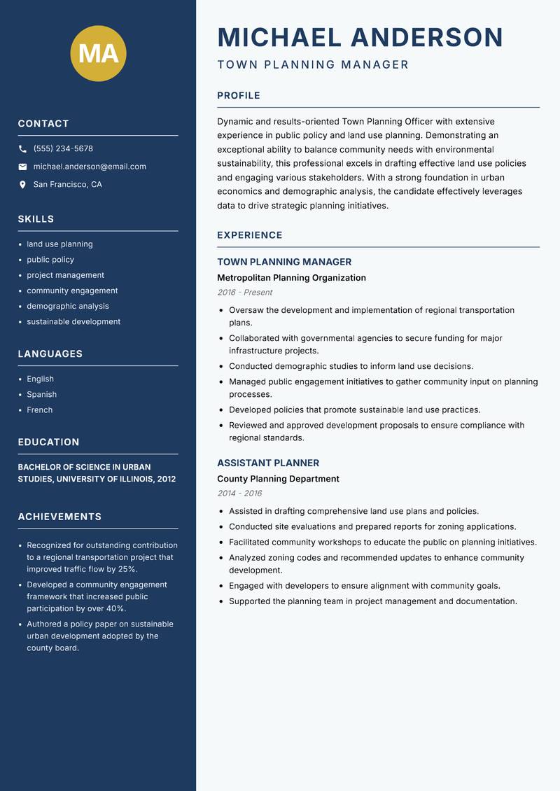 Town Planning Officer resume sample — Town Planning Manager focus