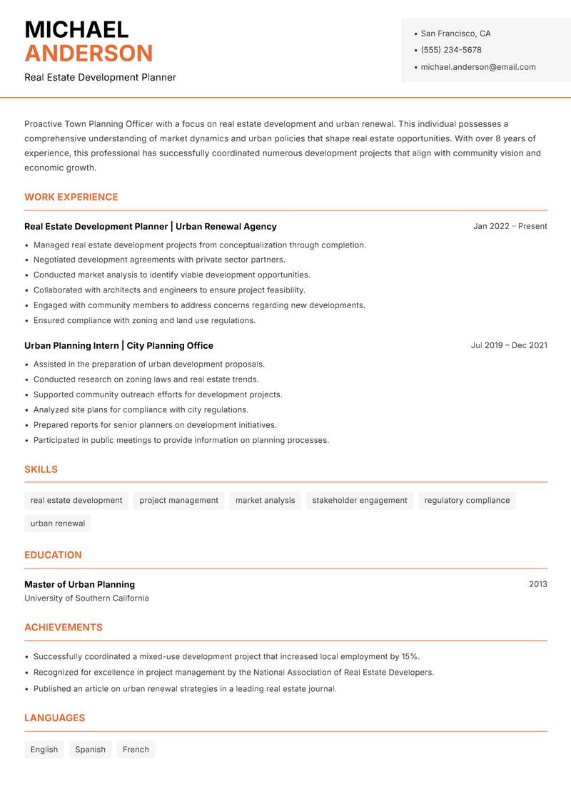 Town Planning Officer resume sample — Real Estate Development Planner focus
