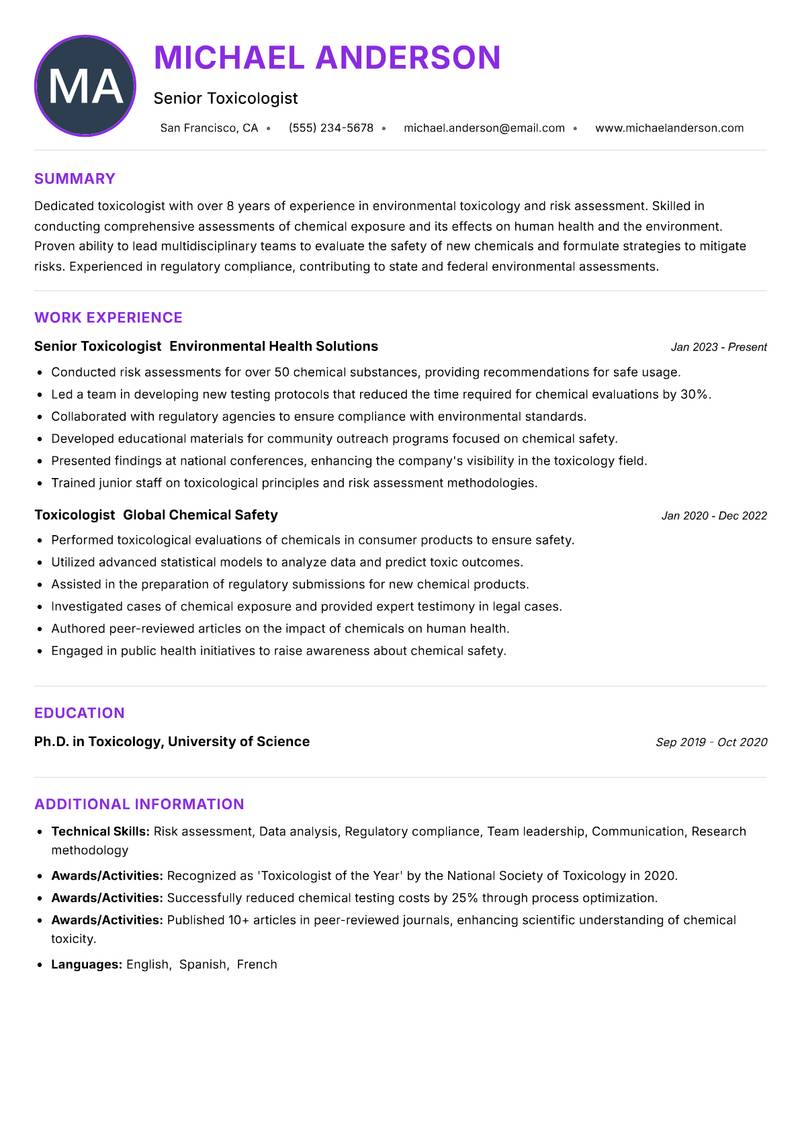 Toxicologist resume example