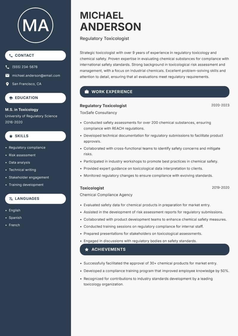 Toxicologist resume sample — Regulatory Toxicologist focus