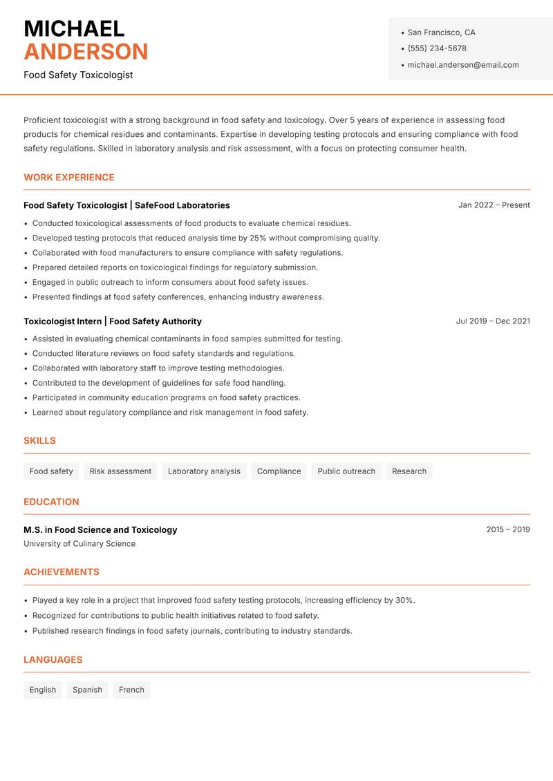 Toxicologist resume sample — Food Safety Toxicologist focus