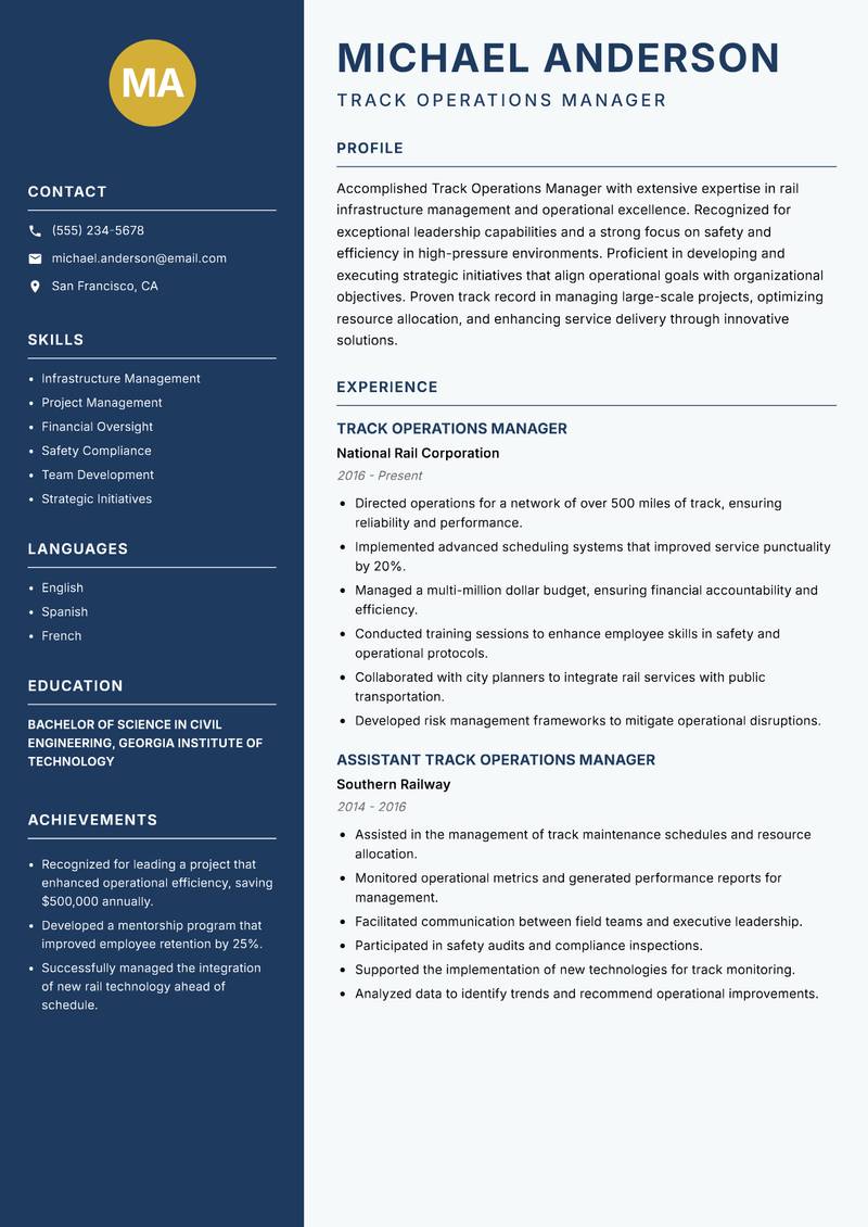 Track Operations Manager resume sample — Track Operations Manager focus