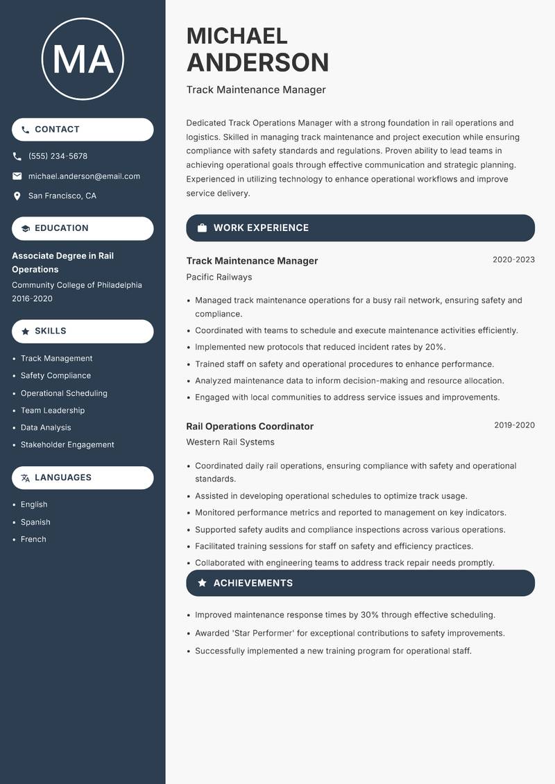 Track Operations Manager resume sample — Track Maintenance Manager focus