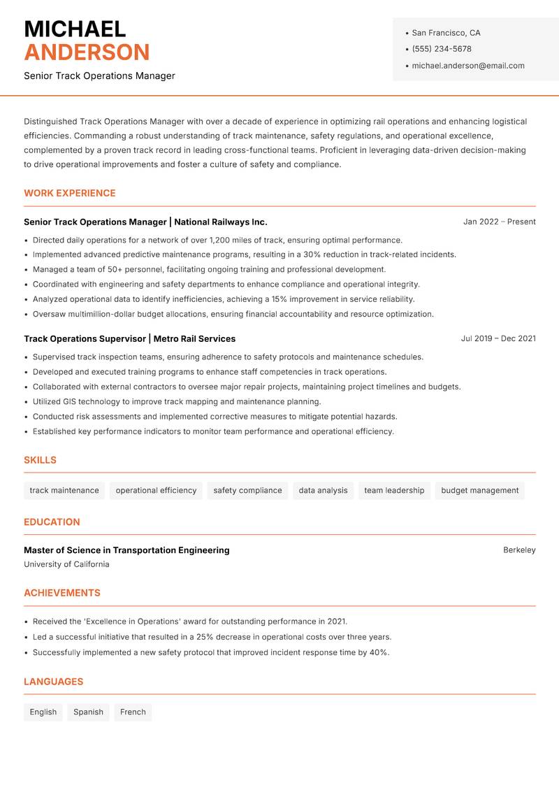 Track Operations Manager resume sample — Senior Track Operations Manager focus