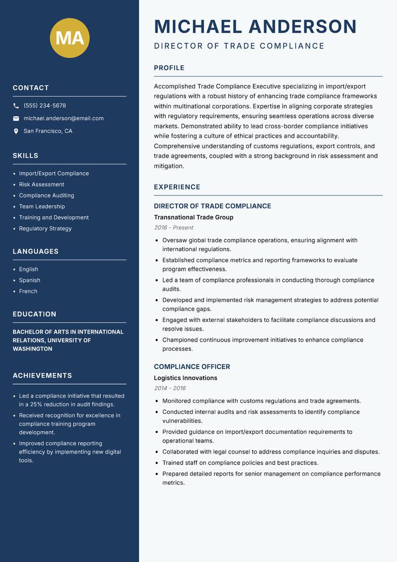 Trade Compliance Executive resume sample — Director of Trade Compliance focus