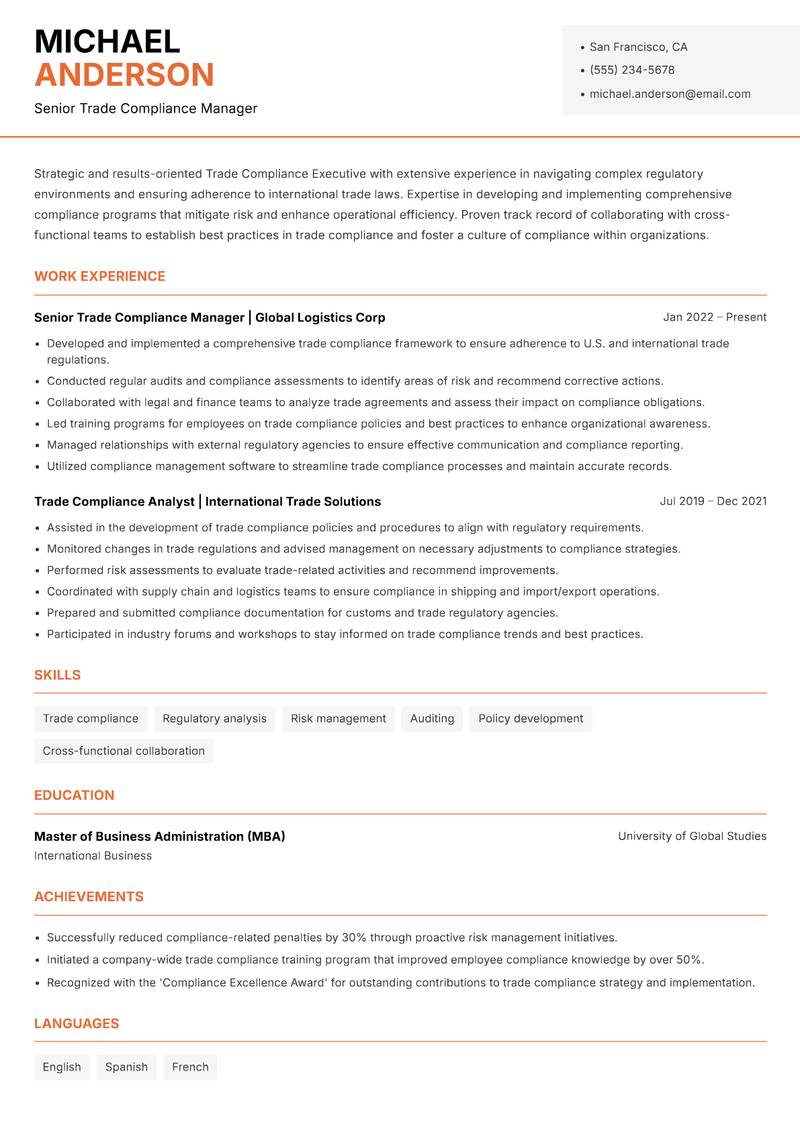 Trade Compliance Executive resume sample — Senior Trade Compliance Manager focus