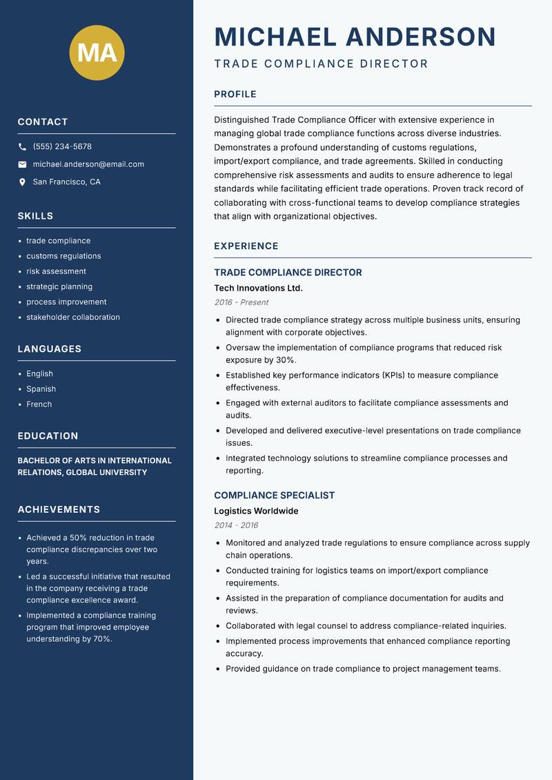 Trade Compliance Officer resume sample — Trade Compliance Director focus