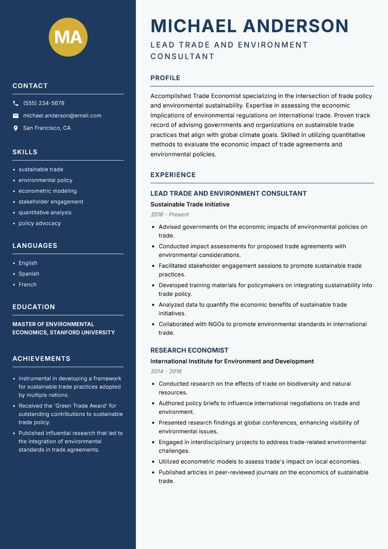 Trade Economist resume sample — Lead Trade and Environment Consultant focus