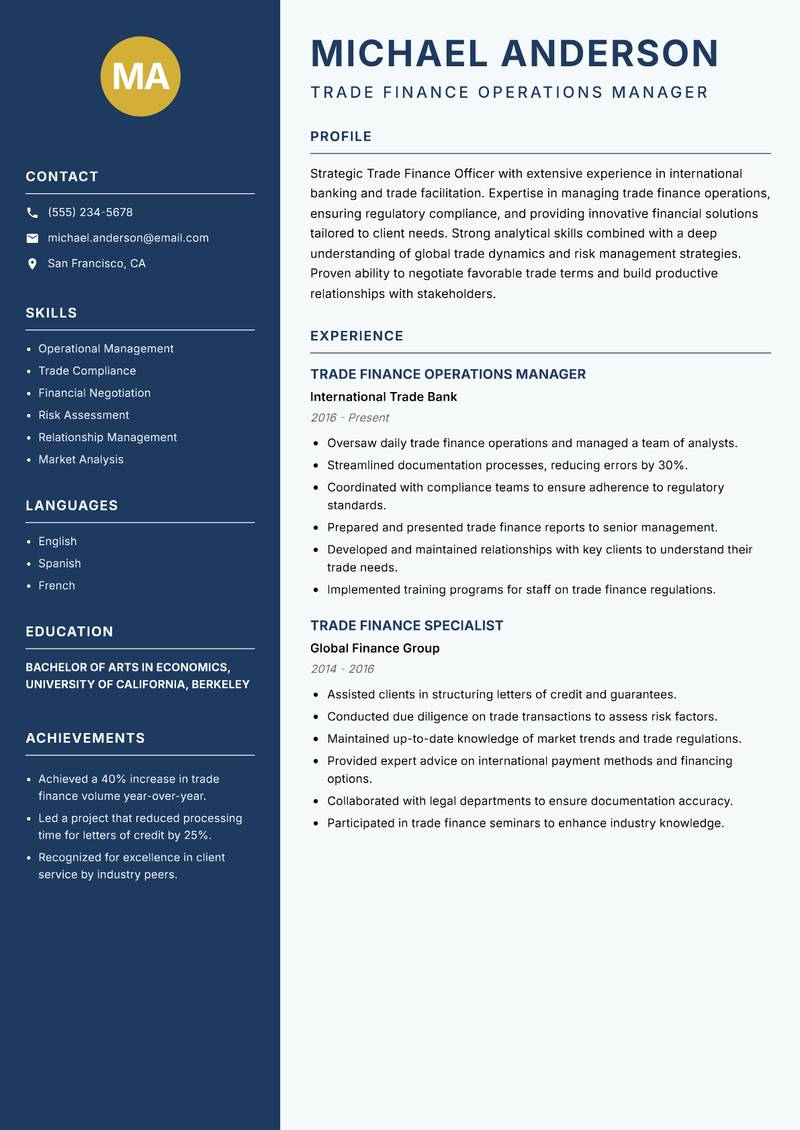 Trade Finance Officer resume sample — Trade Finance Operations Manager focus