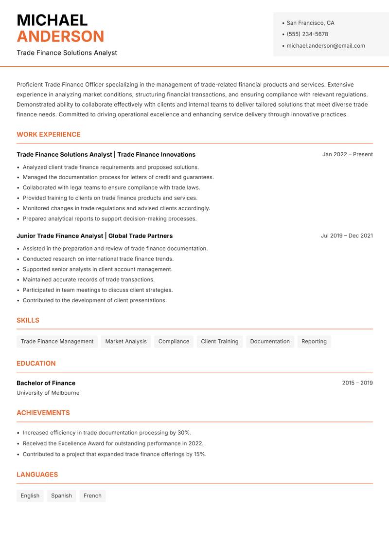 Trade Finance Officer resume sample — Trade Finance Solutions Analyst focus