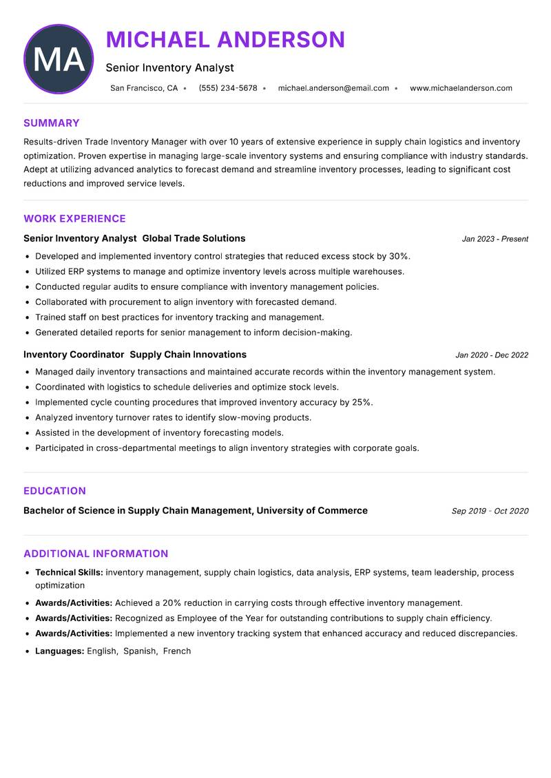 Trade Inventory Manager resume example