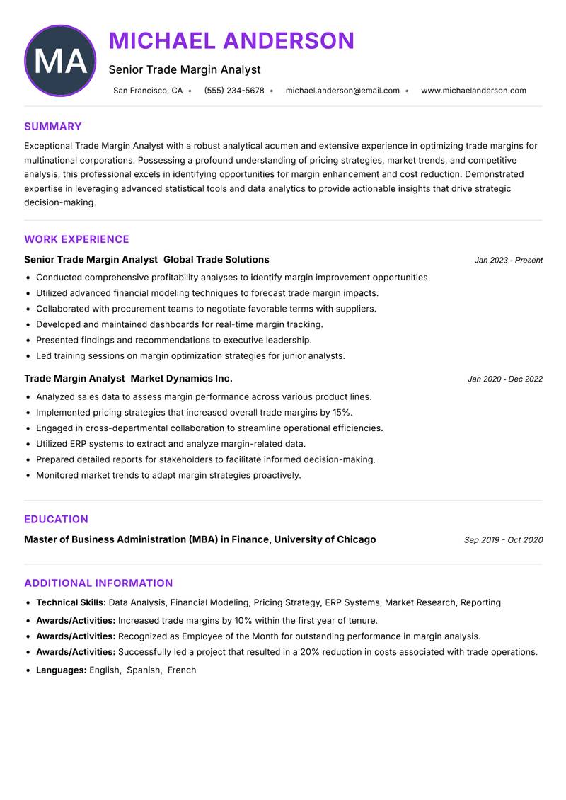 Trade Margin Analyst resume example