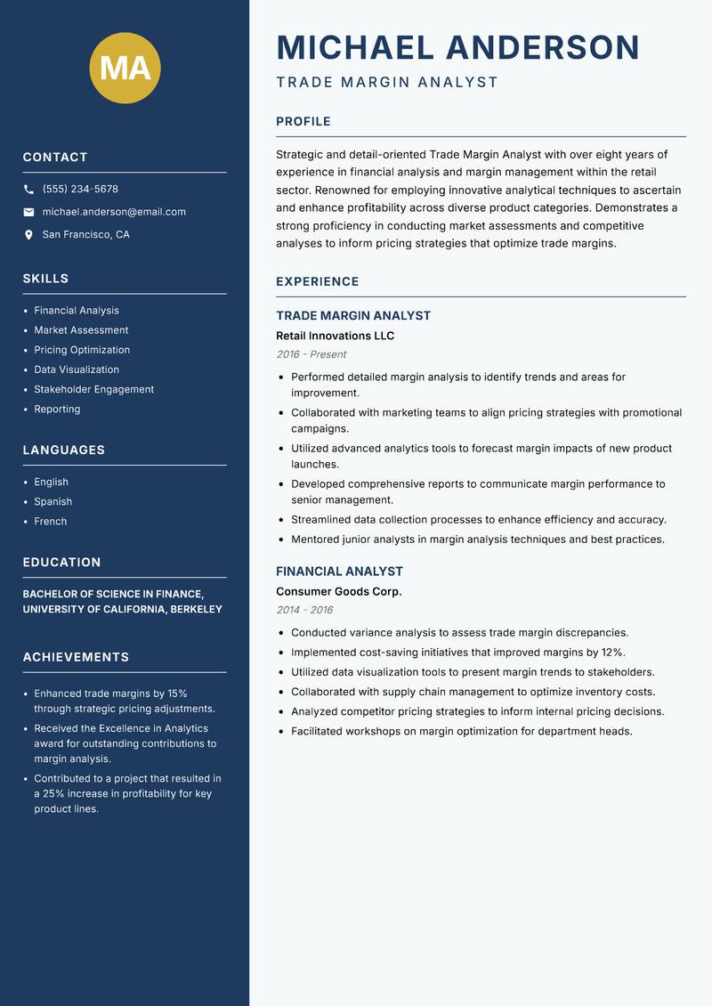 Trade Margin Analyst resume sample — Trade Margin Analyst focus