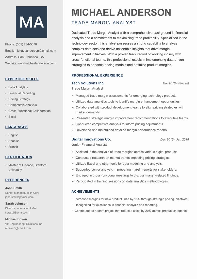 Trade Margin Analyst resume sample — Trade Margin Analyst focus