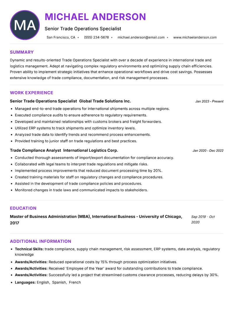 Trade Operations Specialist resume example