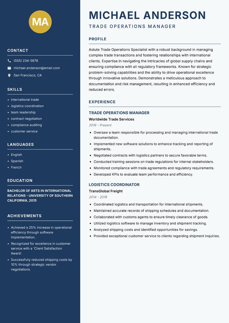 Trade Operations Specialist resume sample — Trade Operations Manager focus