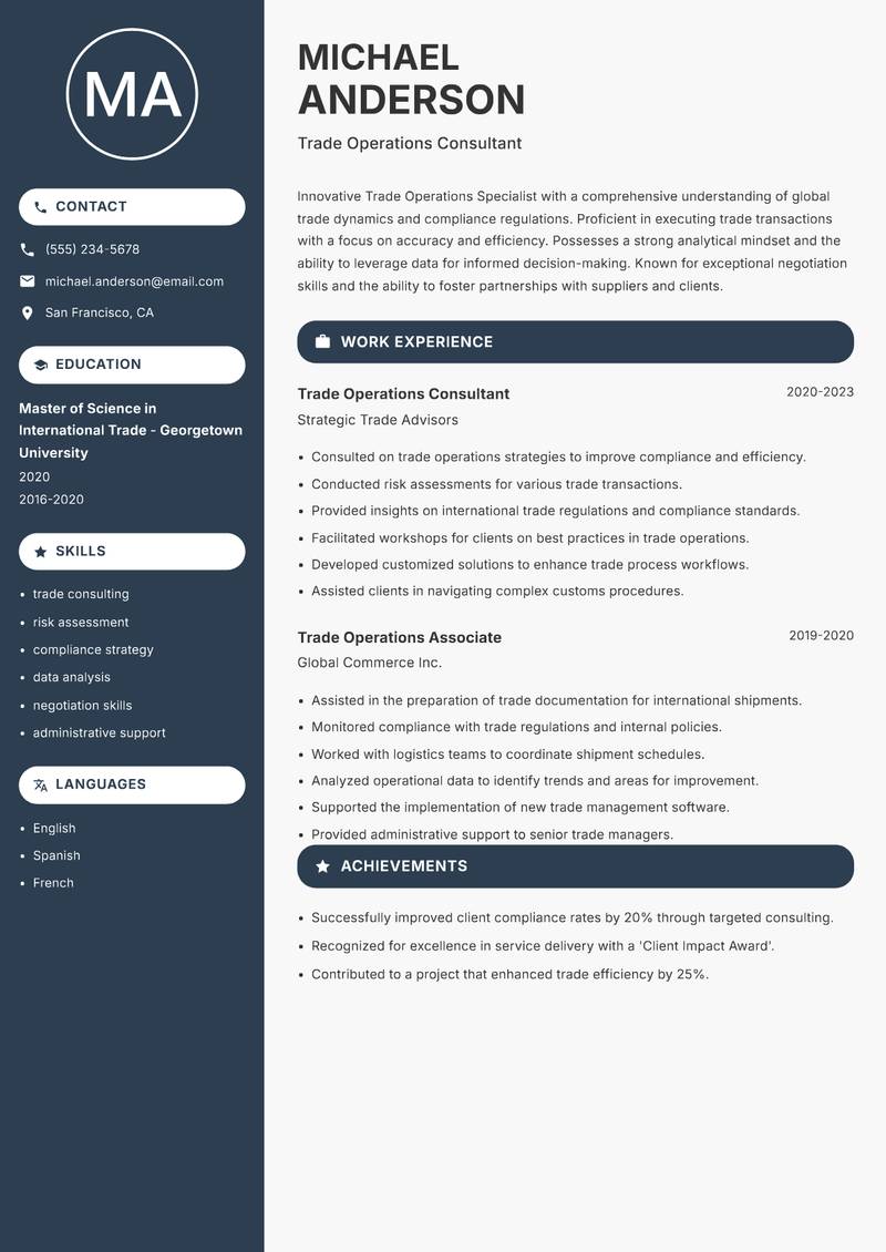 Trade Operations Specialist resume sample — Trade Operations Consultant focus