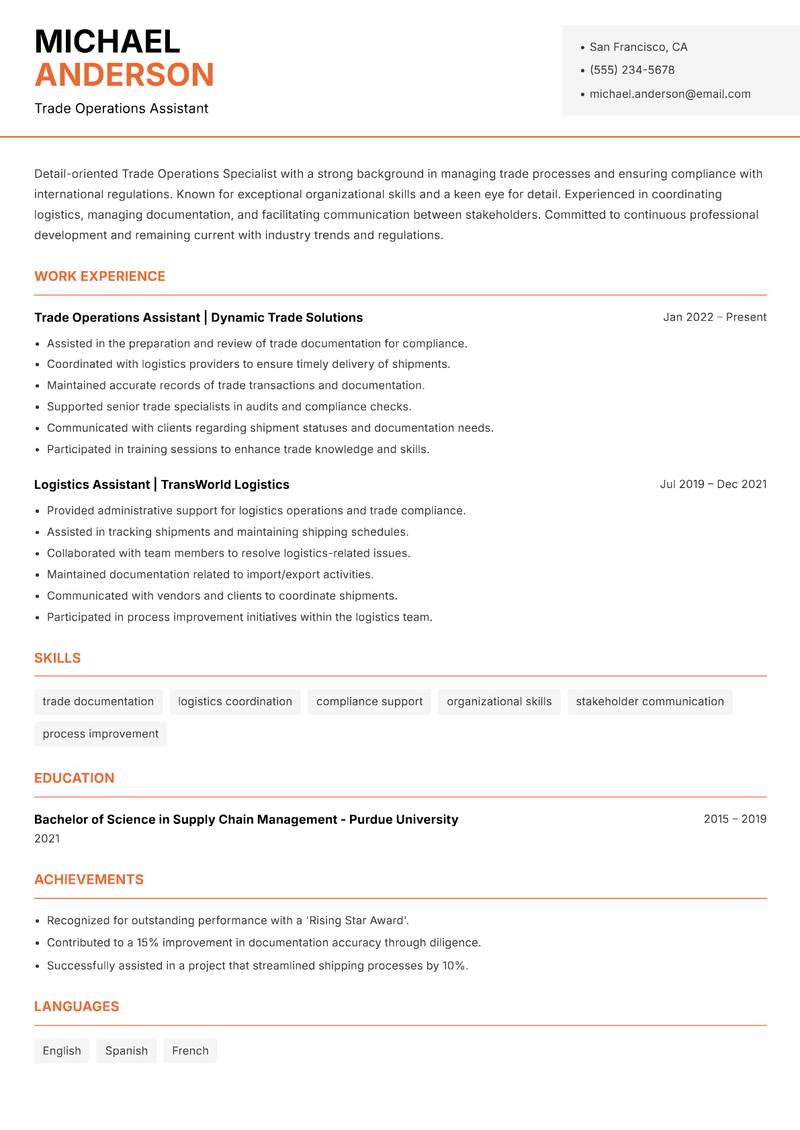 Trade Operations Specialist resume sample — Trade Operations Assistant focus