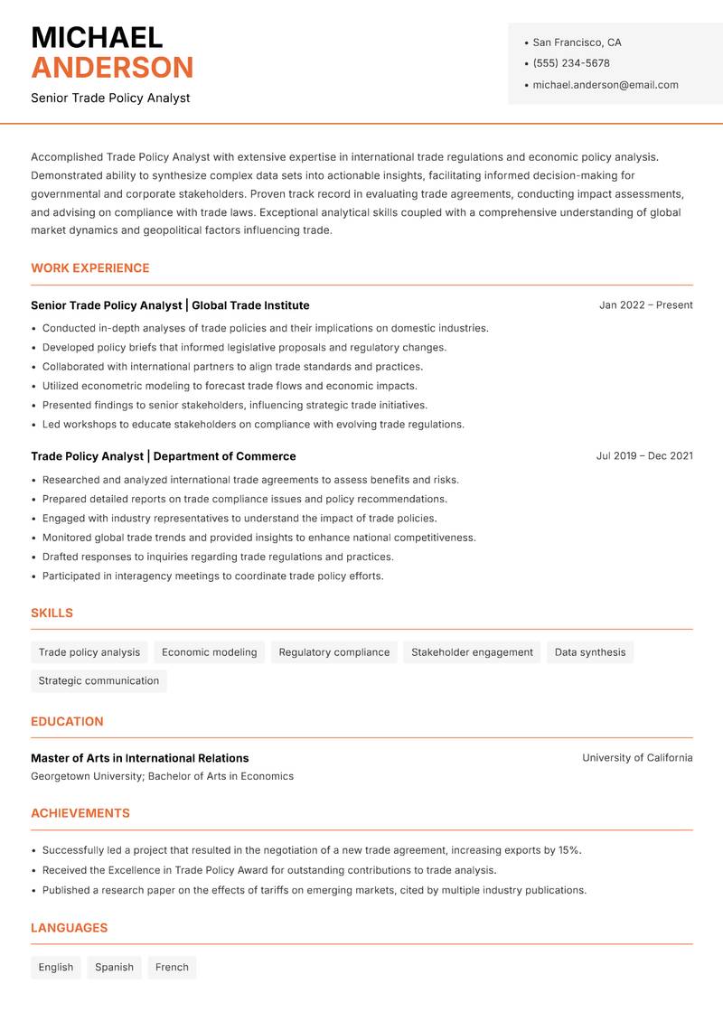 Trade Policy Analyst resume sample — Senior Trade Policy Analyst focus