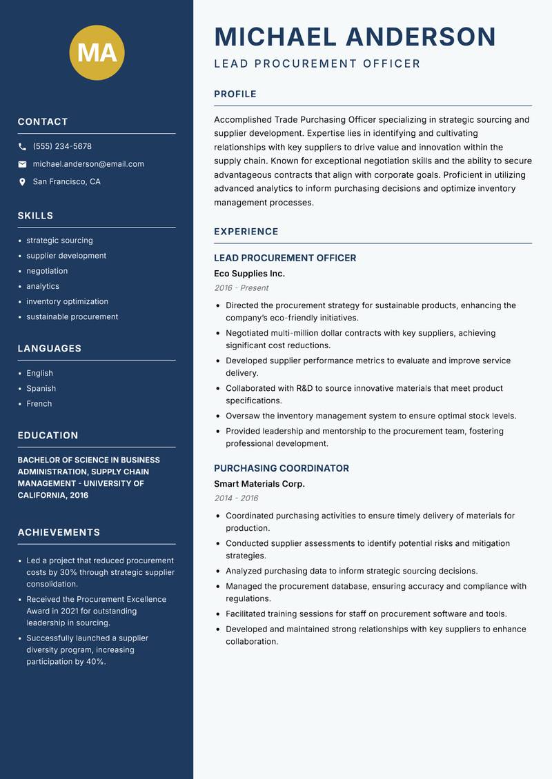 Trade Purchasing Officer resume sample — Lead Procurement Officer focus