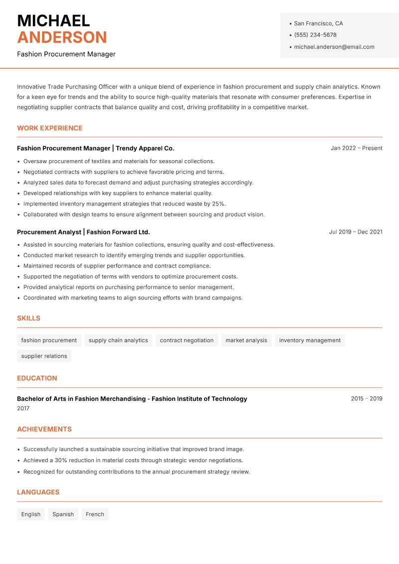 Trade Purchasing Officer resume sample — Fashion Procurement Manager focus