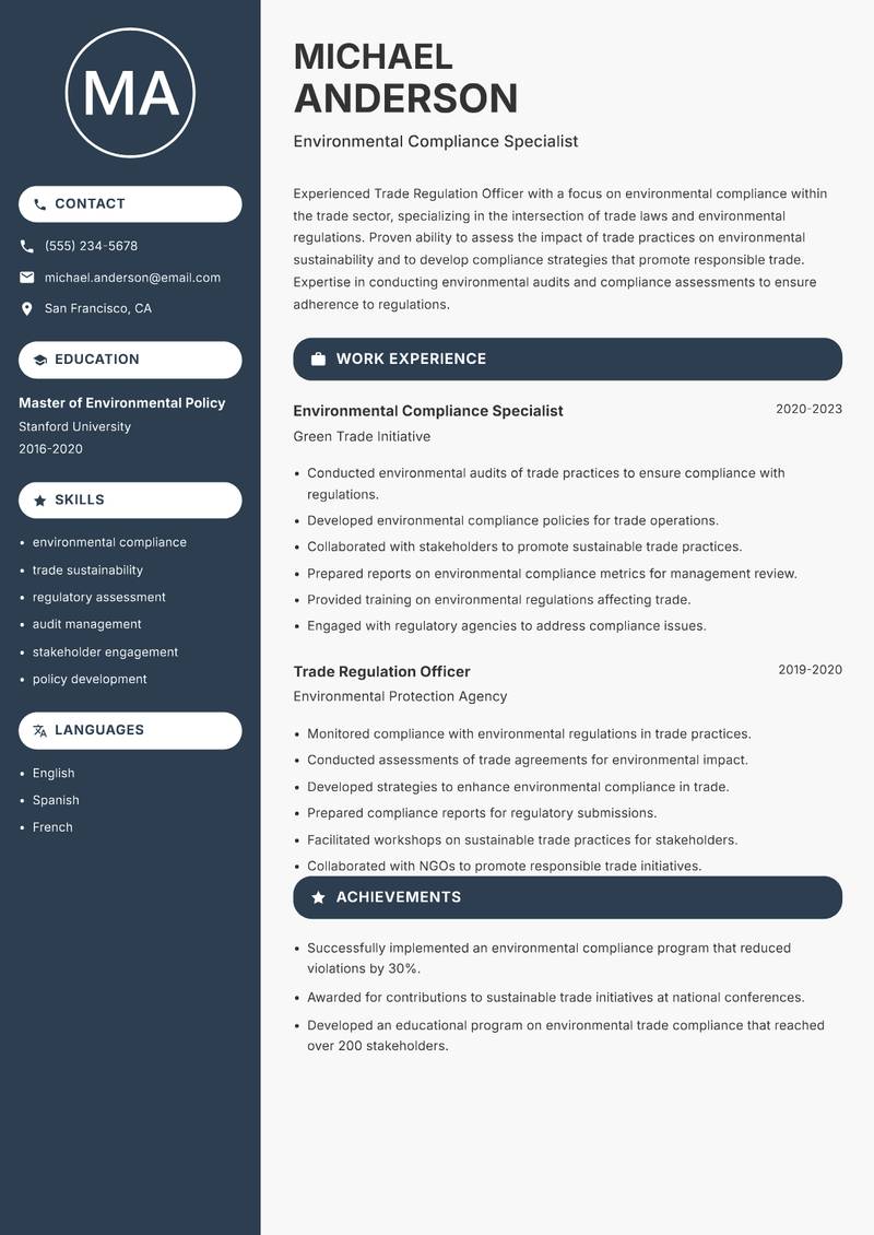 Trade Regulation Officer resume sample — Environmental Compliance Specialist focus
