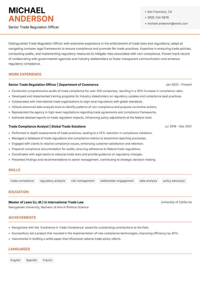 Trade Regulation Officer resume sample — Senior Trade Regulation Officer focus