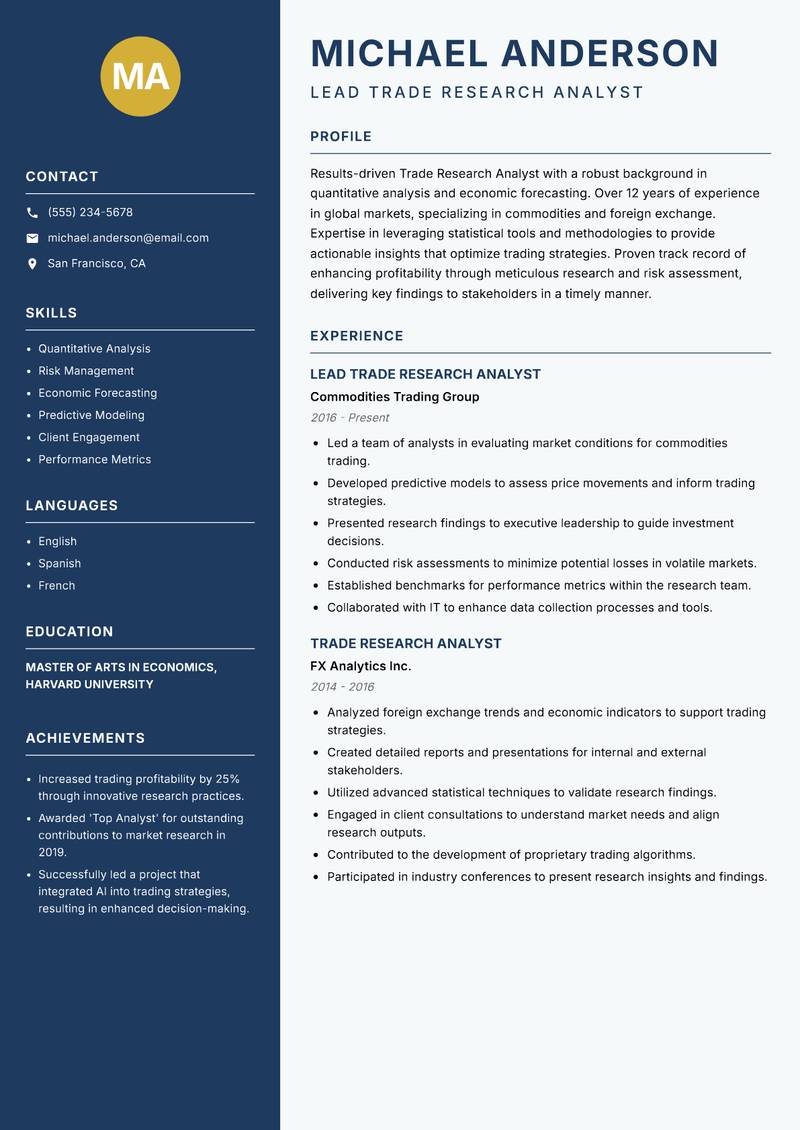 Trade Research Analyst resume sample — Lead Trade Research Analyst focus