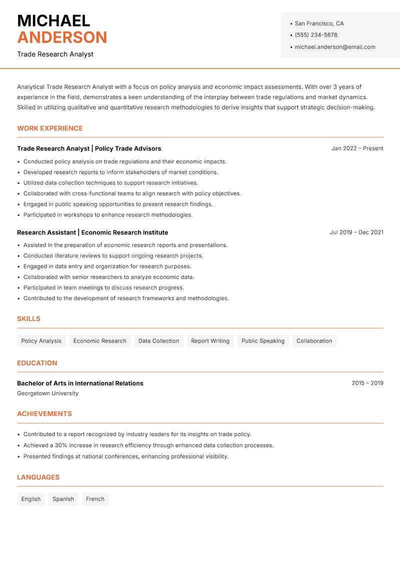 Trade Research Analyst resume sample — Trade Research Analyst focus
