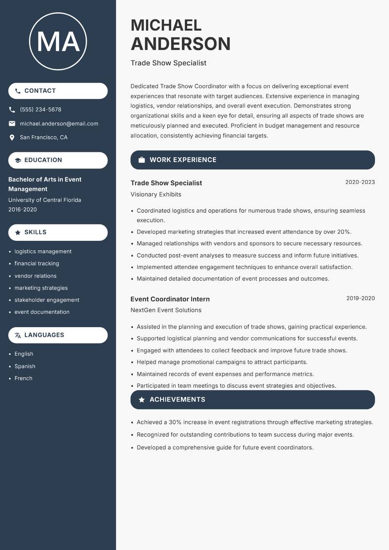 Trade Show Coordinator resume sample — Trade Show Specialist focus