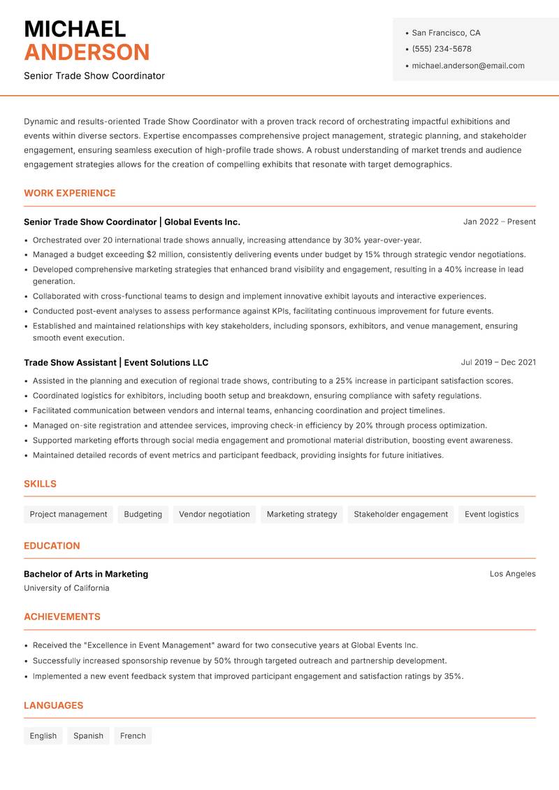 Trade Show Coordinator resume sample — Senior Trade Show Coordinator focus