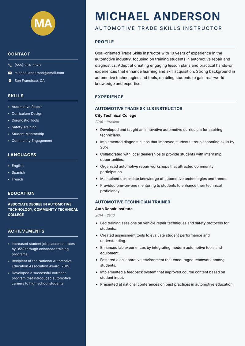 Trade Skills Instructor resume sample — Automotive Trade Skills Instructor focus