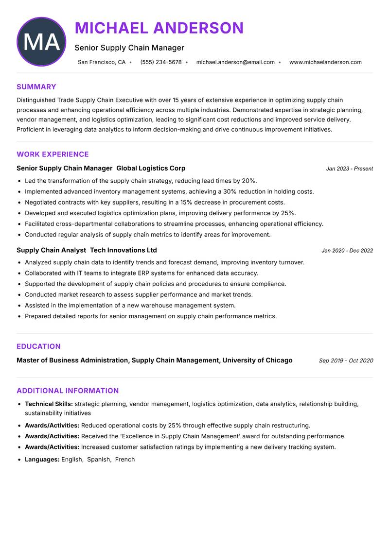 Trade Supply Chain Executive resume example