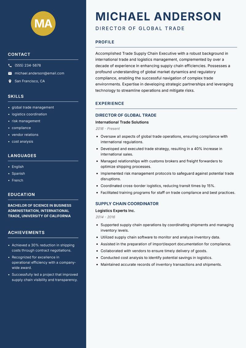 Trade Supply Chain Executive resume sample — Director of Global Trade focus