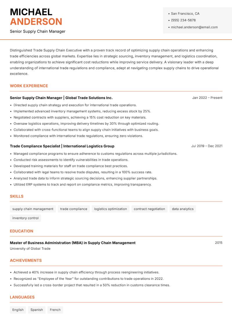 Trade Supply Chain Executive resume sample — Senior Supply Chain Manager focus