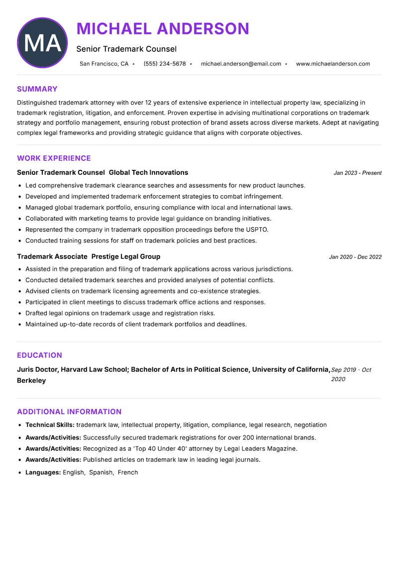 Trademark Attorney resume example
