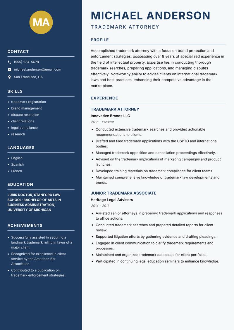Trademark Attorney resume sample — Trademark Attorney focus