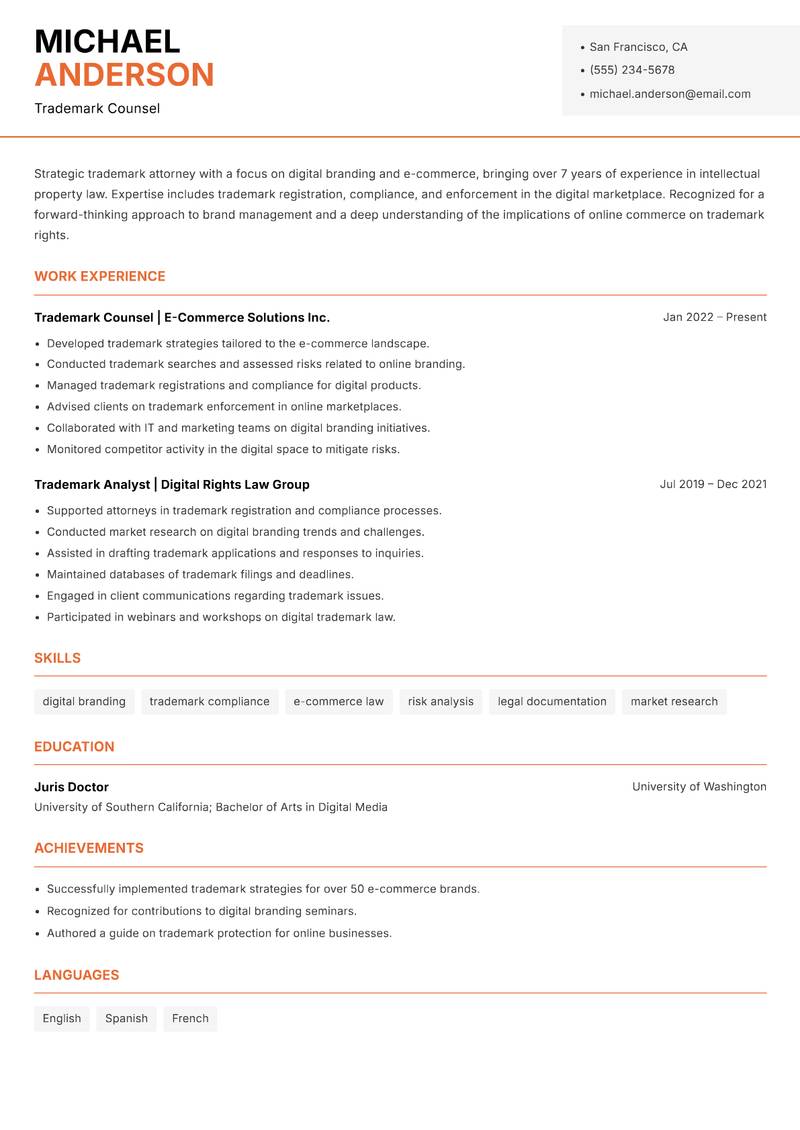 Trademark Attorney resume sample — Trademark Counsel focus