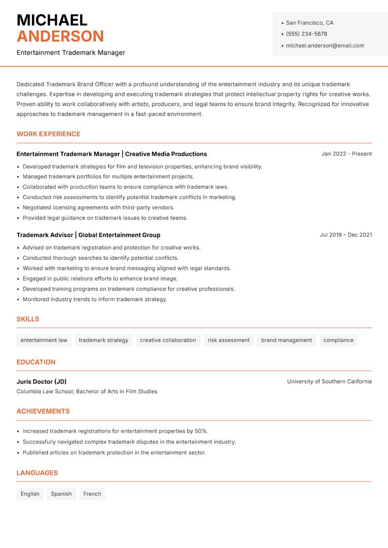 Trademark Brand Officer resume sample — Entertainment Trademark Manager focus
