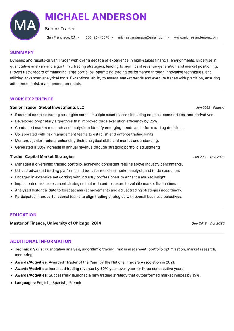 Trader resume example
