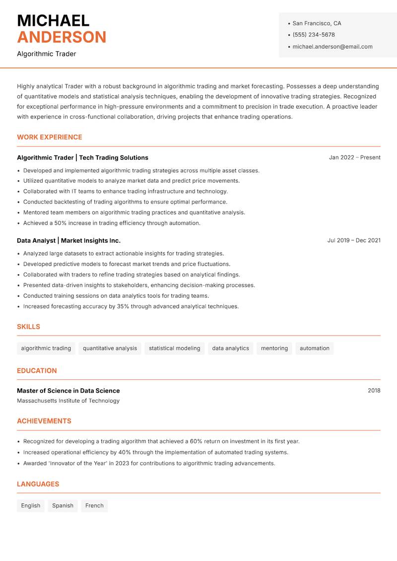 Trader resume sample — Algorithmic Trader focus