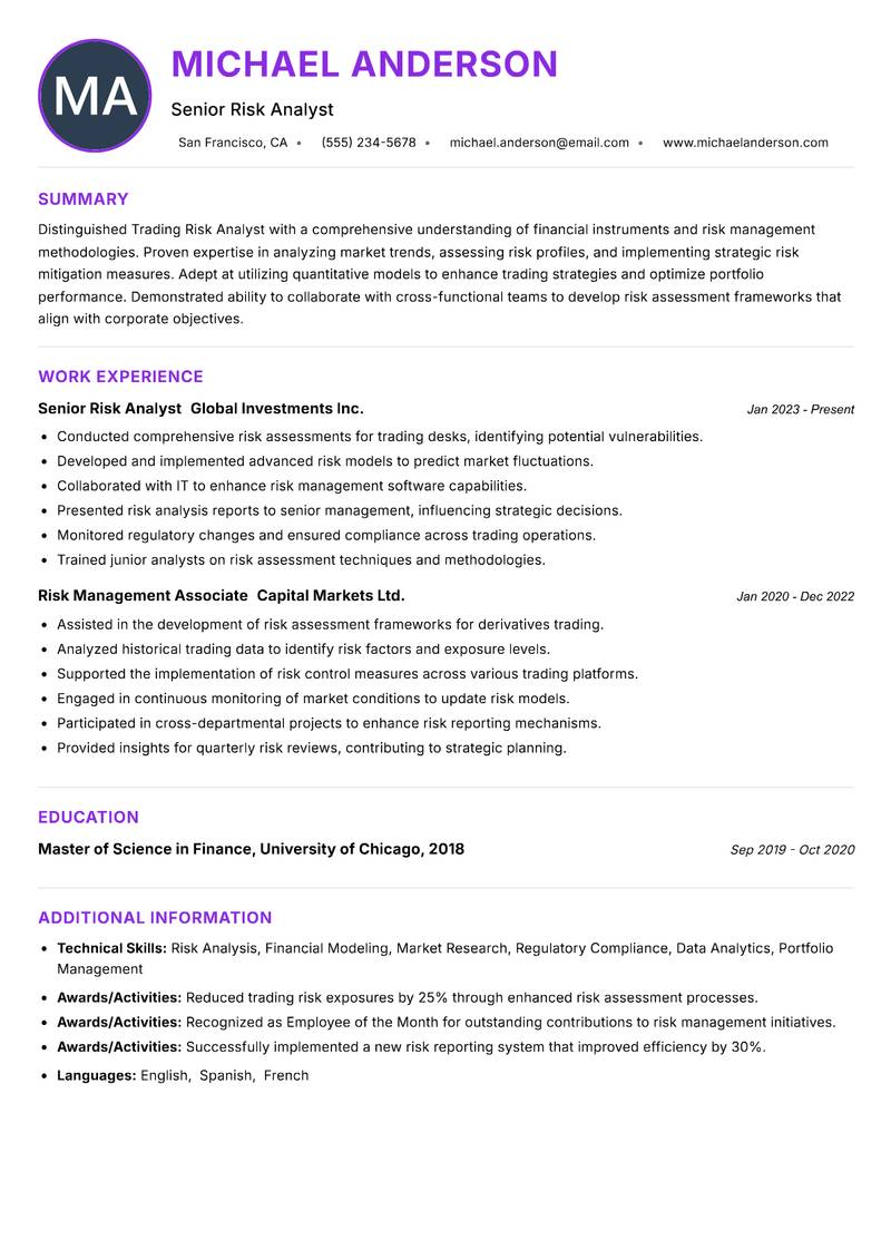 Trading Risk Analyst resume example