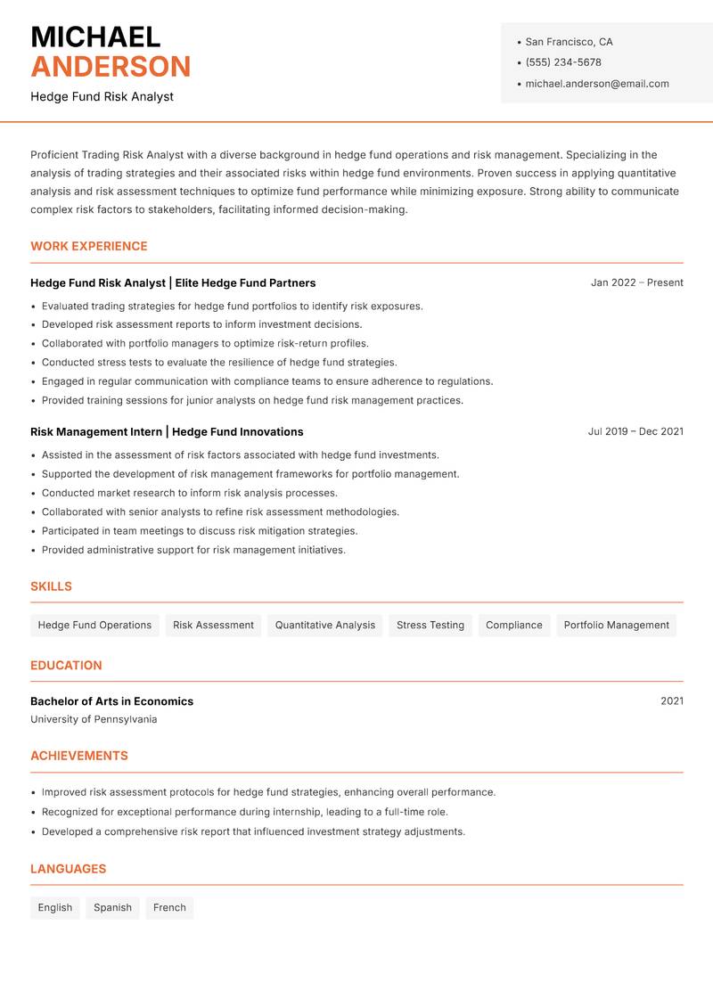 Trading Risk Analyst resume sample — Hedge Fund Risk Analyst focus