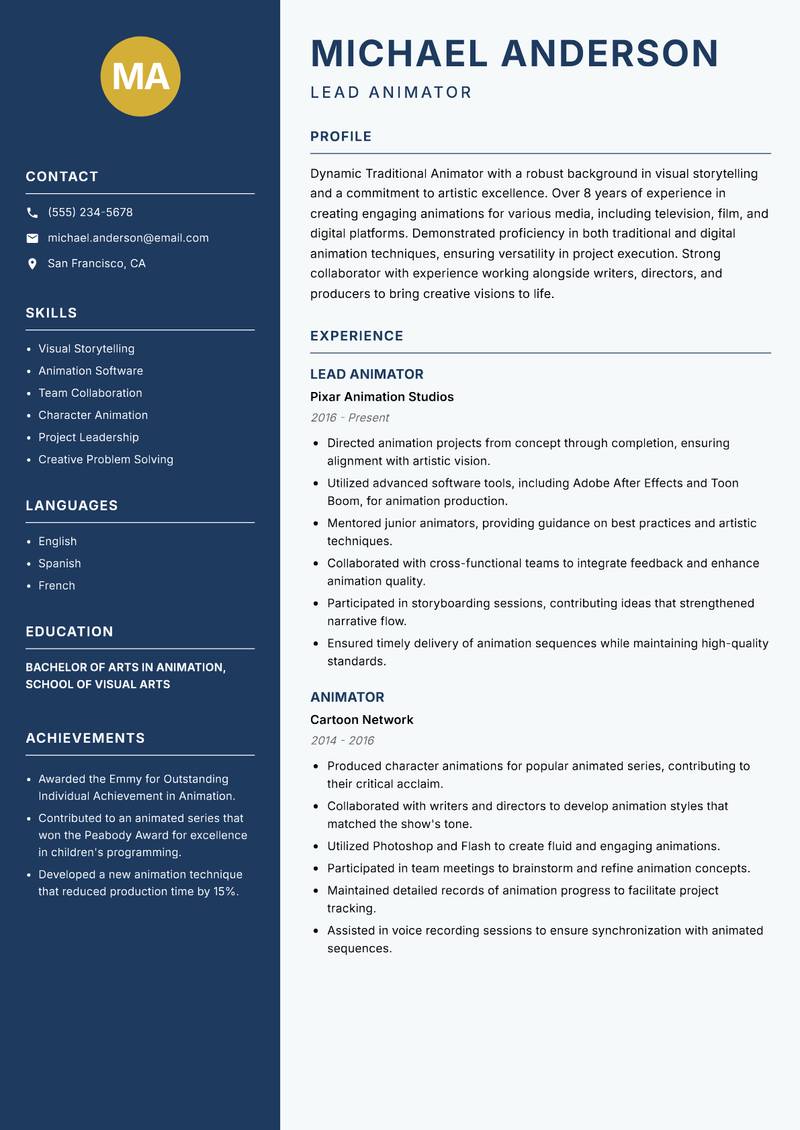 Traditional Animator resume sample — Lead Animator focus