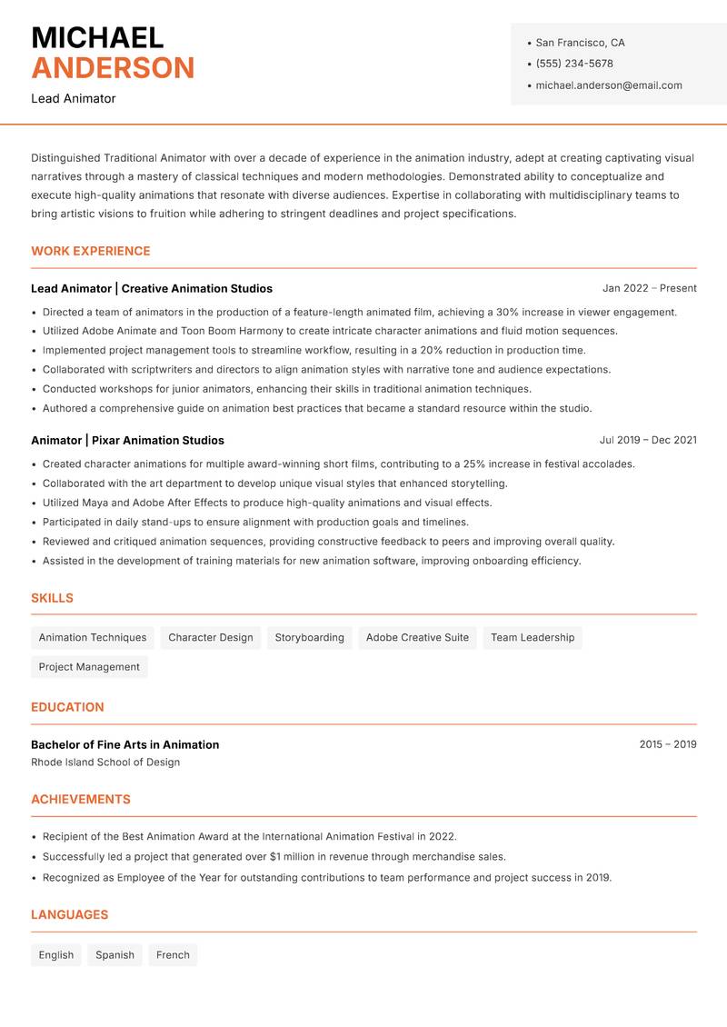 Traditional Animator resume sample — Lead Animator focus