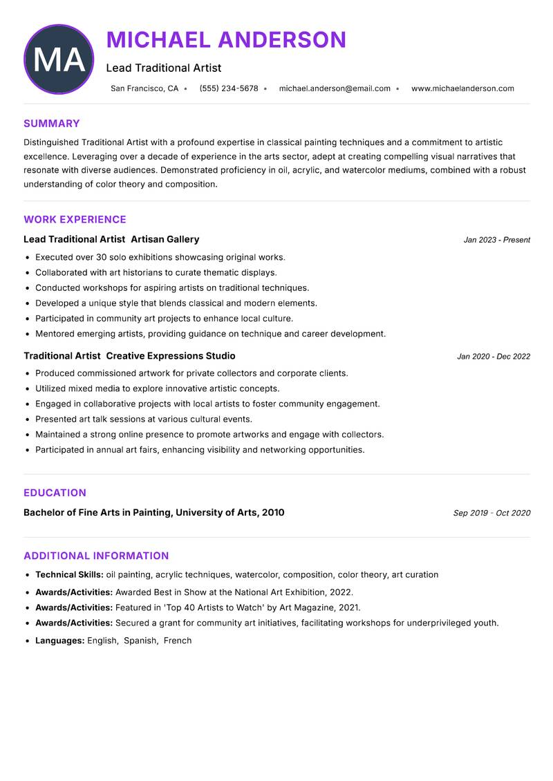 Traditional Artist resume example