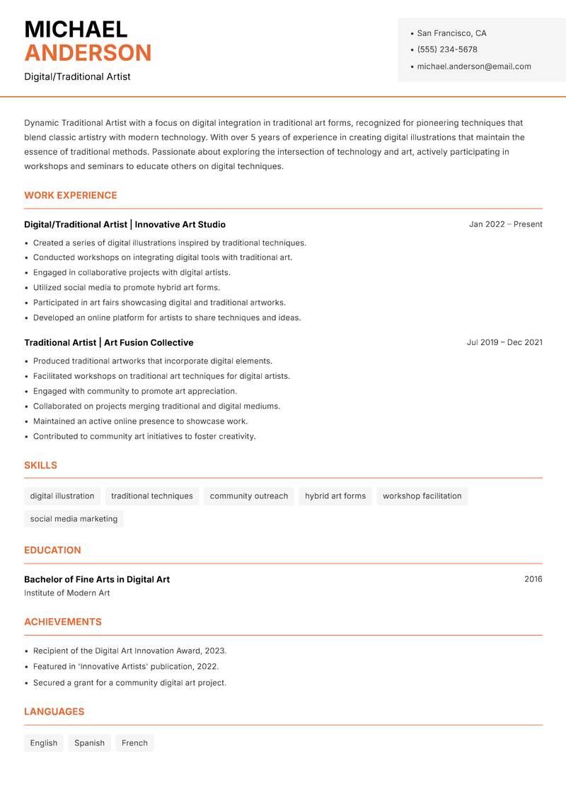Traditional Artist resume sample — Digital/Traditional Artist focus
