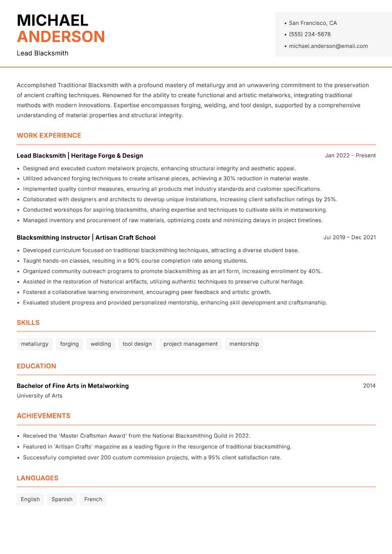 Traditional Blacksmith resume sample — Lead Blacksmith focus