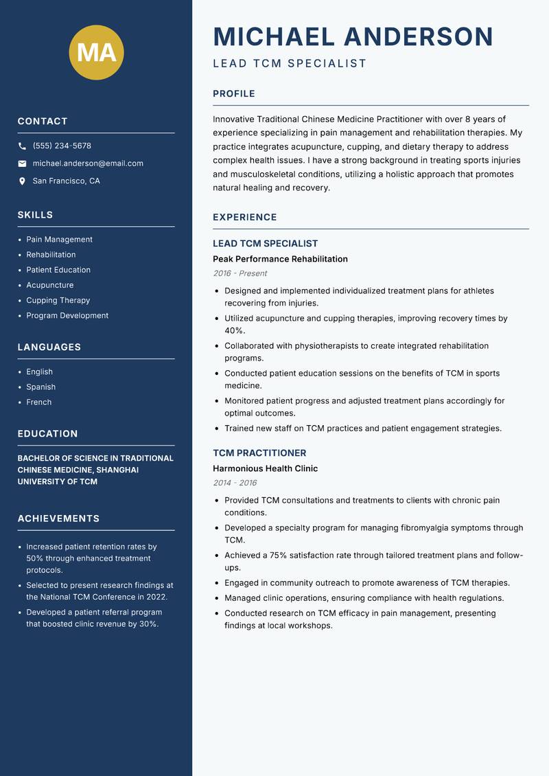 Traditional Chinese Medicine Practitioner resume sample — Lead TCM Specialist focus
