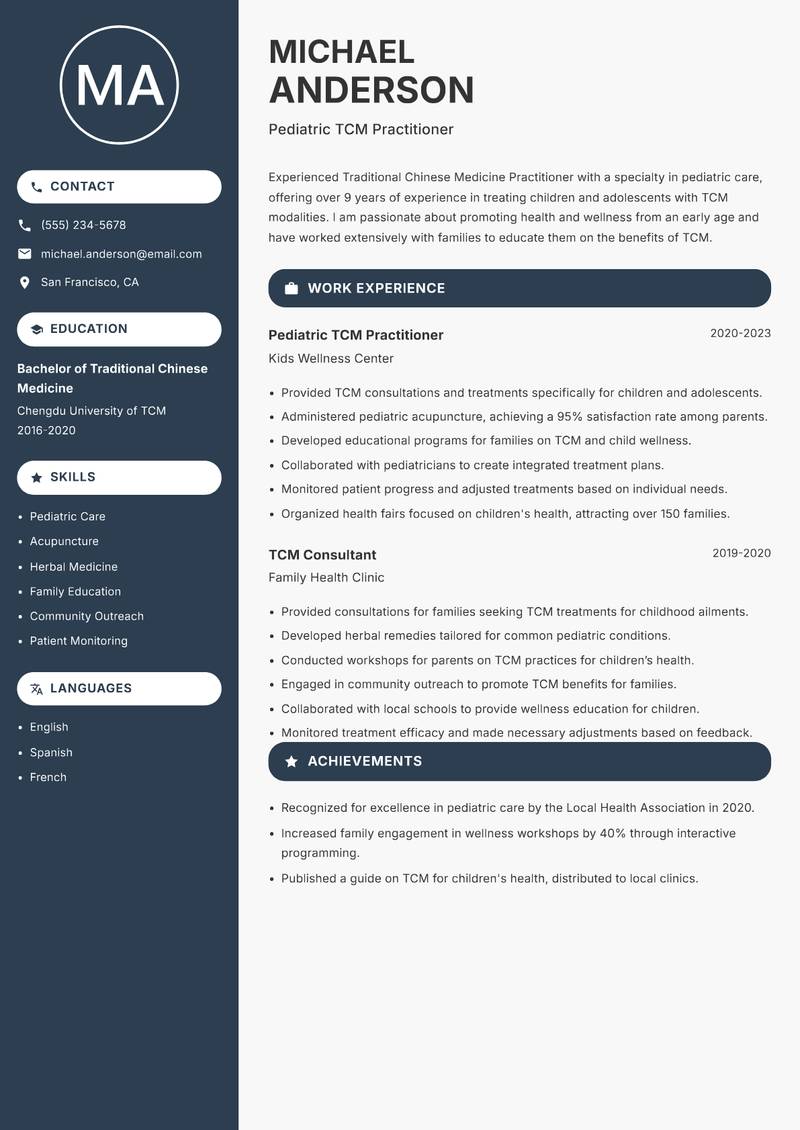 Traditional Chinese Medicine Practitioner resume sample — Pediatric TCM Practitioner focus